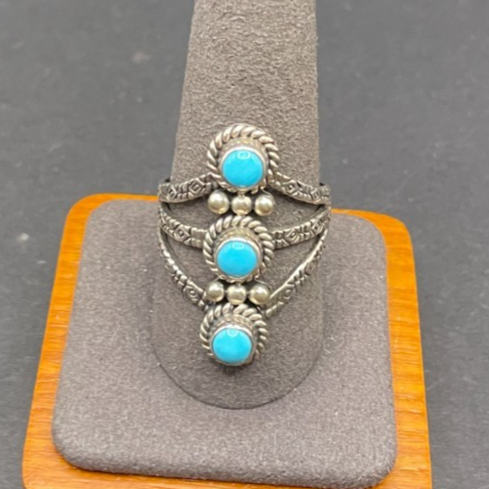 STS Turquoise Sterling Silver 925 Ring Ornate Sz 10.25 Southwest Boho Bali Style